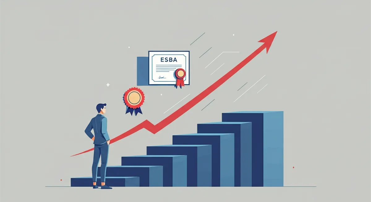 Ilustración que muestra a un profesional joven al inicio de un camino ascendente de pasos geométricos que culmina en un título oficial, simbolizando la salida laboral inmediata tras una tecnicatura superior.