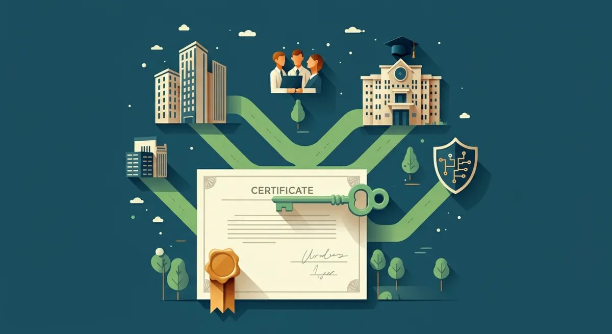 Ilustración que muestra un certificado oficial con un sello dorado. Una llave verde desbloquea el certificado, de donde surgen tres caminos que conducen a un edificio de oficinas, una universidad y un escudo de ciberseguridad, simbolizando las oportunidades laborales, la continuación de estudios y las carreras técnicas que abre un título con validez nacional.