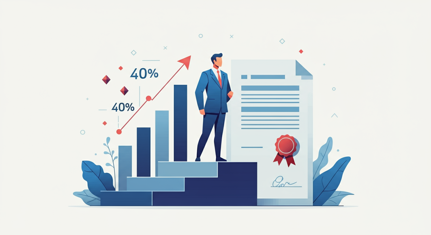Ilustración de una escalera geométrica ascendente con una figura profesional en la cima y un diploma, representando el progreso educativo y el impacto económico de completar el secundario